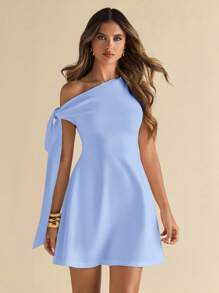 SHEIN BAE Women's Asymmetric Shoulder Tie Waist Black Bodycon A-Line Peplum Skirt, Elegant Blue,Valentine's Day,Valentine Outfits For Women