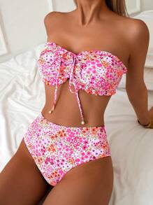 SHEIN Swim 女士海滩夏季服装：新款可爱花卉荷叶边抹胸、可爱碎花、精致珍珠吊坠抽绳比基尼泳装套装 - 彩色 - 查看 1