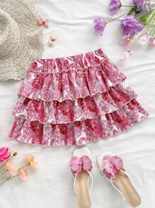 Soleia Minifalda de línea A con textura jacquard tejida blanca, cintura baja y volantes multicapa en el bajo, adecuada para fiestas, citas, San Valentín, fiestas, Pascua, Carnaval, Año Nuevo Chino, crucero de playa, escapada a la ciudad, temporada de bodas, té de la tarde, regreso a la escuela/graduación - Rosa - Ver 1