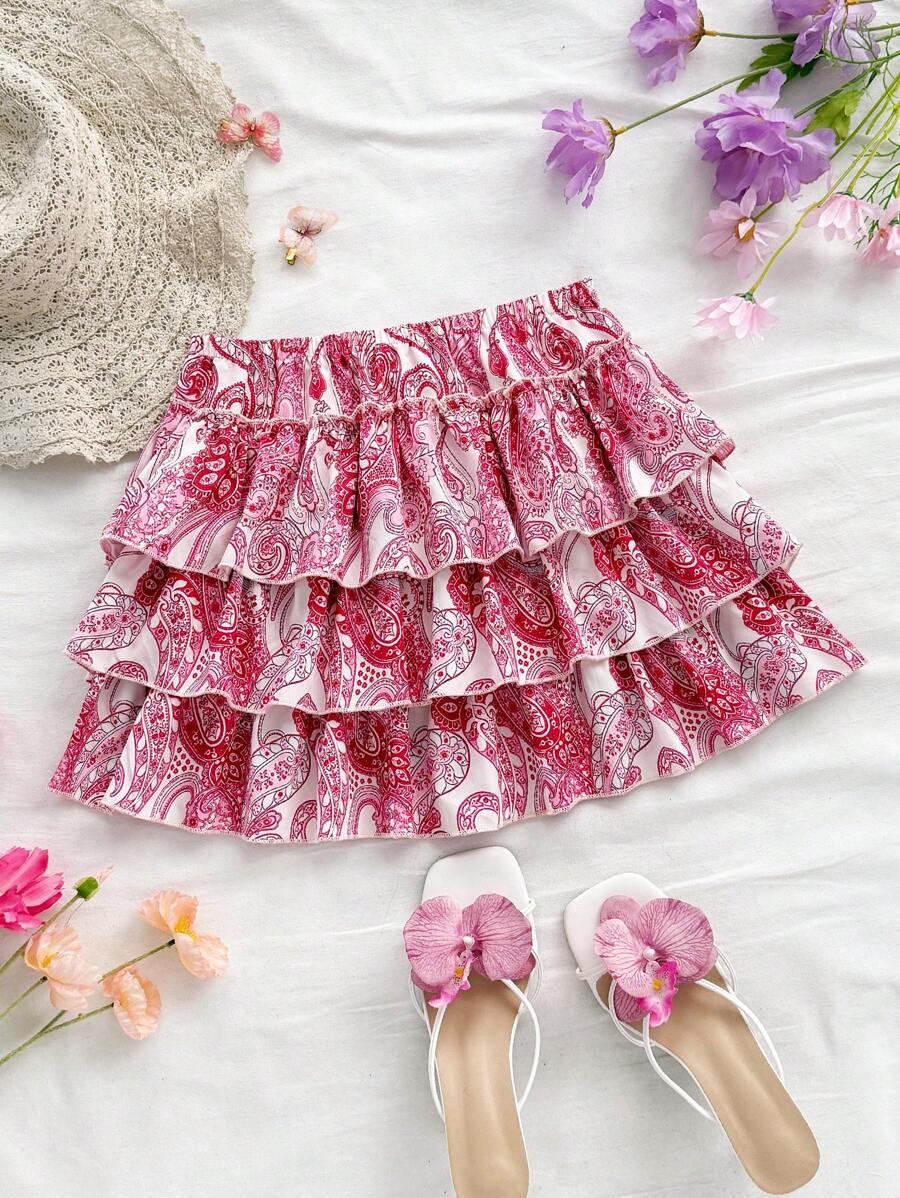 Soleia Minifalda de línea A con textura jacquard tejida blanca, cintura baja y volantes multicapa en el bajo, adecuada para fiestas, citas, San Valentín, fiestas, Pascua, Carnaval, Año Nuevo Chino, crucero de playa, escapada a la ciudad, temporada de bodas, té de la tarde, regreso a la escuela/graduación - Rosa - Ver 1