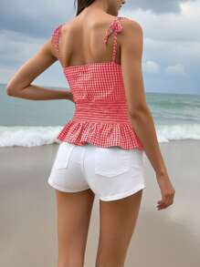 SHEIN EZwear 大码女式波西米亚风红白格子短款无袖上衣 - 紅白色 - 查看 2