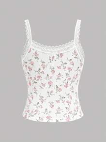 SHEIN Girlism Tween Girl Casual Home Lace Trim Ribbon Bow Ditsy Floral Camisole And Fitted Short Set - Pink - View 8