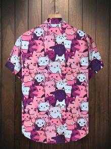 Manfinity Homme Cartoon Cat Print Front Buttons Casual Short Sleeve Shirt, Summer Cat Shirts For Men Cat Shirt Men Men S Cat Shirt Party Shirts For Men - Multicolor - View 2