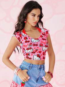 HELLO KITTY AND FRIENDS | SHEIN Women's Cartoon Pattern Halter Neck Short Sleeve Top, Summer - Baby Pink - View 5