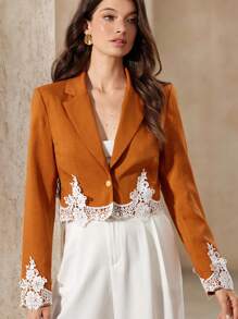 SHEIN Unity Elegant Retro V-Neck Embroidered Asymmetric Ruffle Trim Waist Fitted Women Short Blazer & Shorts Suit Set Fall Cloth For Women - Multicolor - View 5