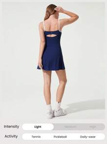 GLOWMODE Quick-Dry Weekend Enthusiast Adjustable Spaghetti Strap Cutout Back Contrast Color Active Dress Low Impact Tennis Golf Pickleball Daily Casual Wear - Dark Blue - View 7