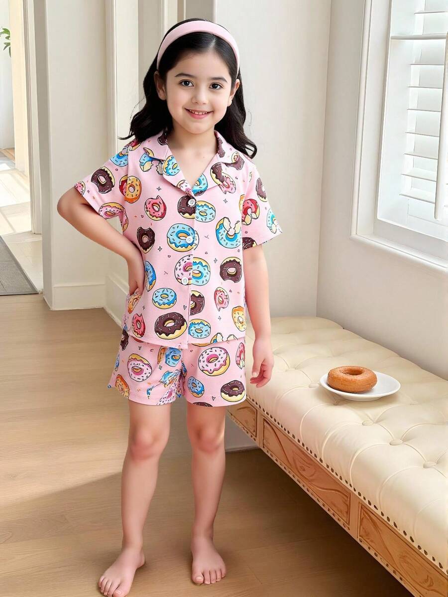 2pcs/Set Young Girl' Donut Print Short Sleeve Casual Loose Pajama Set - Dusty Pink - View 1