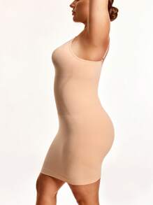 SHAPORA 大码纯色塑身连衣裙，夏季时尚 - 米色 - 查看 4