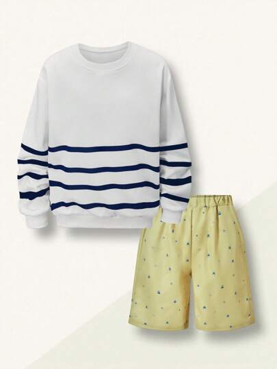 SHEIN Casuvi Kids 男童撞色条纹连帽衫和短裤套装（2件套）