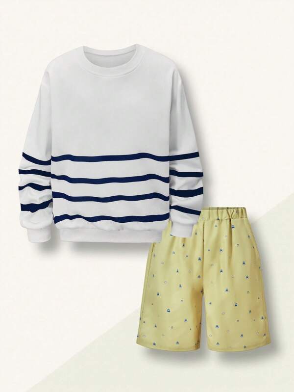 SHEIN Set de 2 piezas con sudadera con capucha y pantalones cortos de bloques de color de contraste para niños grandes