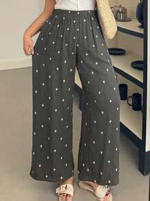 Dazy Plus Elastic Waist Floral Embroidery Wide Leg Loose Casual Long Pants - Grey - View 5