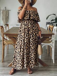 SHEIN VCAY Plus Size Women's Leopard Print Off Shoulder Ruffle Waist A-Line Maxi Dress With Side Slit Beige Summer Boho Sexy Beach Vacation Tropical Outfits - Khaki - View 7