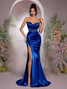 Glamrae Elegant Navy Blue Satin Strapless Waistband See-Through Fishbone Sequins Trimmed Side High Slit Mermaid Tail Train Dress, Suitable For Dates, Vacations, Birthdays, Parties, Graduations, Weddings, Formal Events, Party Dress, Gown, For Evening, Wedding Guest,Graduation,Graduation Dresses For Women,Back To School Dress