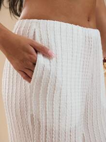 SHEIN BAE White Jacquard Knit Low Waist Loose Wide Leg Pants, Casual Vacation Beach Trousers, Spring/Summer - White - View 6