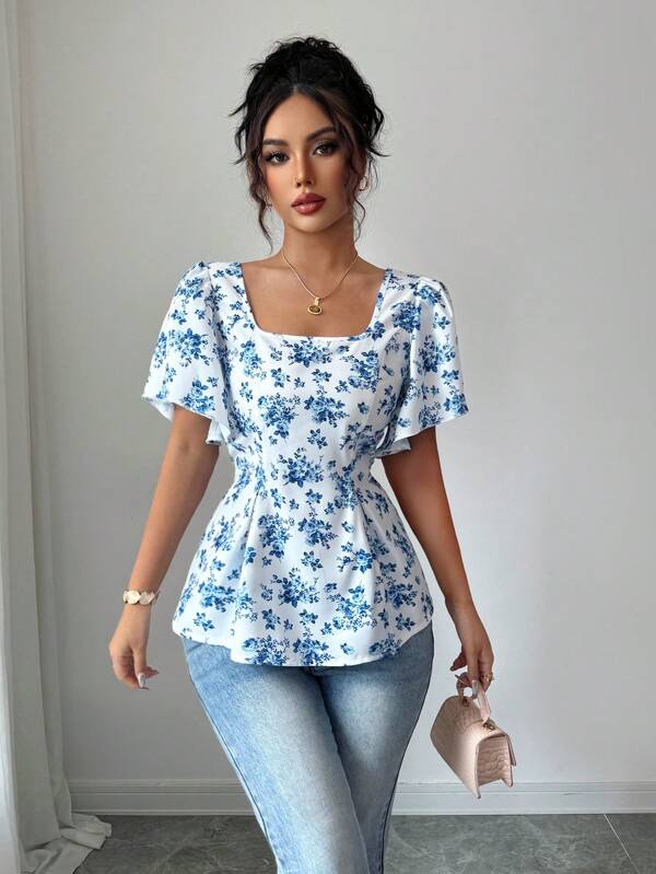 Elenzga Neue Frauen Quadratischer Kragen Rüsche Ärmel Schleifendesign Taille raffend Veilchenblumen Muster Lässig Elegantes Hemd
