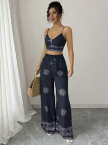 Elenzga 2 件套女士绿色花卉印花吊带背心和休闲裤套装，休闲度假风格