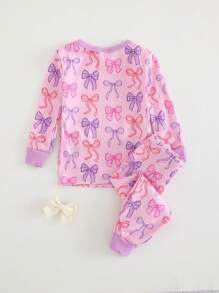 Cozy Pixies Infant Girl Bow Decor Knitted Soft Crew Neck Long Sleeve Top And Elastic Waist Legging 2Pcs Pajama Set