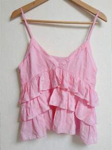 SHEIN PETITE CURVE Top baby doll con balze orlo a strati, colore rosa tinta unita, taglie comode per donna