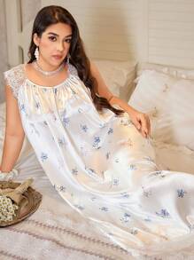 CottageSlumber CottageSlumber Romantic Lace Patchwork Faux Silk Printed Plus Size Nightgown, Moo Moo Sleep Dress