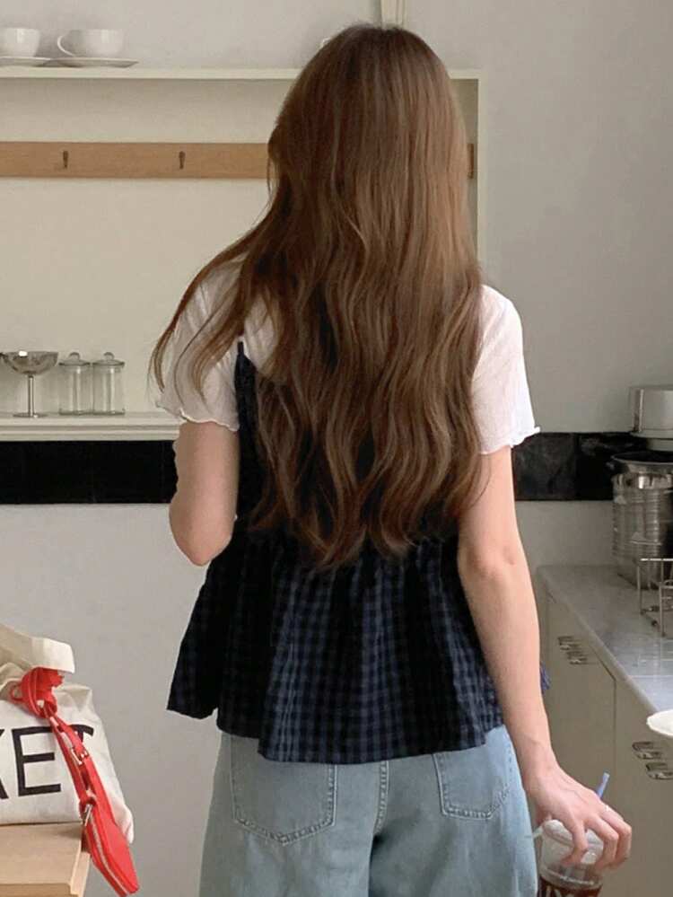 2pcs Set Women's Plaid Casual Twist Ruffle Strap Shirt Fall/Winter