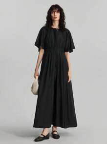 Ontre 2025夏季女士褶裥插肩袖单排扣口袋休闲黑色连衣裙，优雅女士度假长裙，女士休闲长裙，度假海滩毕业教师装，圣诞节服装，秋冬新年服装 - 黑色 - 查看 7