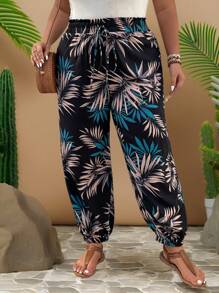 Travachic Plus Tropical Print Knot Front Trousers - Black - View 5