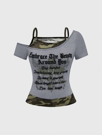 Femmes Été Décontracté Camouflage et T-shirt Asymétrique 2 en 1 avec Slogan Imprimé