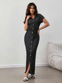 SHEIN Lady Robe en jean casual slim à manches courtes et à simple boutonnage pour femmes