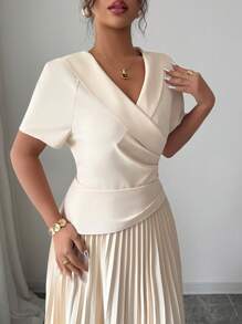 Elenzga V 领褶饰腰部 A 字型优雅浪漫女士连衣裙，短袖