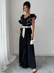 Elenzga Váy nữ thanh lịch lãng mạn cổ chữ V thắt eo xếp ly chữ A thanh lịch - Đen và trắng - Xem 5