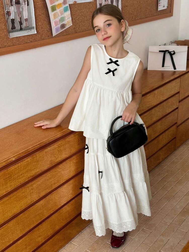 Tween Girls 2pcs Set: Sleeveless Shirt & A-Line Skirt With Bow Decor, Autumn