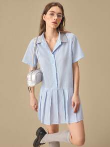 Muvela 女式蓝白条纹休闲衬衫裙，迷你长款，褶边，夏季连衣裙