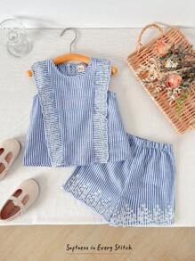 Cozy Pixies 2pcs/Set Baby Girl Striped Crew Neck Sleeveless Top And Elastic Waist Shorts Set Blue Two Piece Set Baby Baby Girl Two Piece Set Blue And White Striped Baby Outfit Baby Girl Summer Outfit Set Baby Girl Short Sets