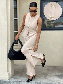 Siren Gaze Aprikosenfarbe Schmetterling Schnalle Damen Weste und Hose elegantes Hosenanzug Set - Aprikosenfarben - Übersicht 1