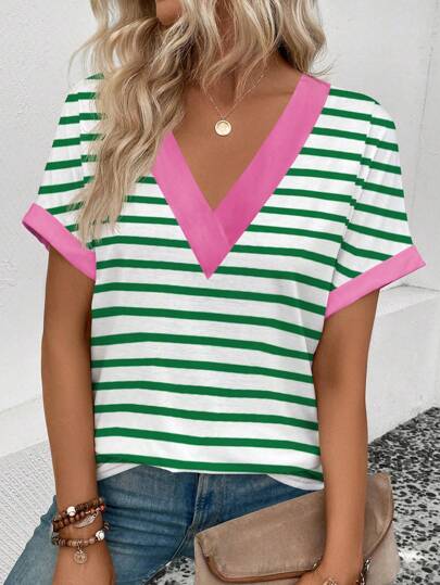 EMERY ROSE Women's Casual Wide Sleeve Striped Colorblock V-Neck Short Sleeve Top