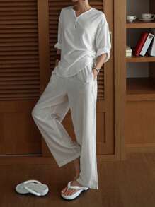 DAZY Conjunto de pijama de dama con decoración de botones de perla, elegante y sencillo - Blanco - Ver 3