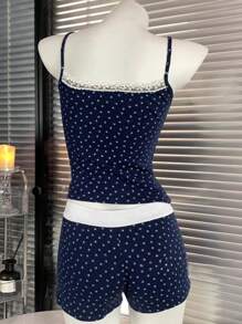 INAWLY Women's Contrast Lace Bow Decor Ditsy Floral Cami Top And Shorts Casual Loungewear Set