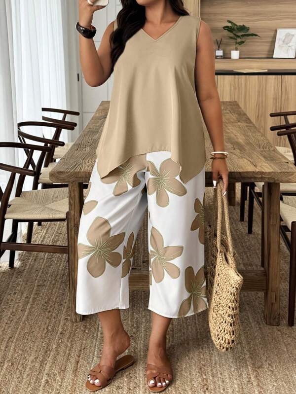 Weeklong 2pcs Plus Size Sleeveless Floral Print Casual & Resort Wear Set