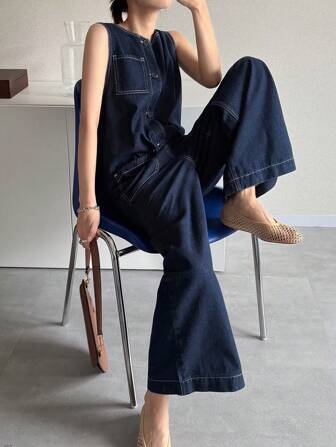 FRIFUL Women's Loose Casual Pocket Decorated Straight-Leg Denim Bib Overalls & Jumpsuits