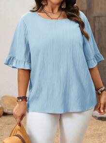 EMERY ROSE Blusa de manga corta de moda casual sencilla para uso diario y vacaciones, de primavera y verano, en talla grande, de color azul claro, para otoño - Celeste - Ver 5