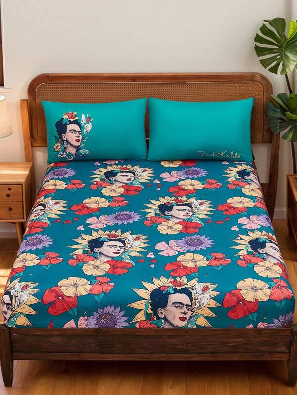 Frida Kahlo X SHEIN 1pc Floral Print & Figure Graphic Brushed Fitted Sheet, Cozy & Warm, Artistic Flower Pattern, Suitable For Twin/Full/Queen/King Size Beds