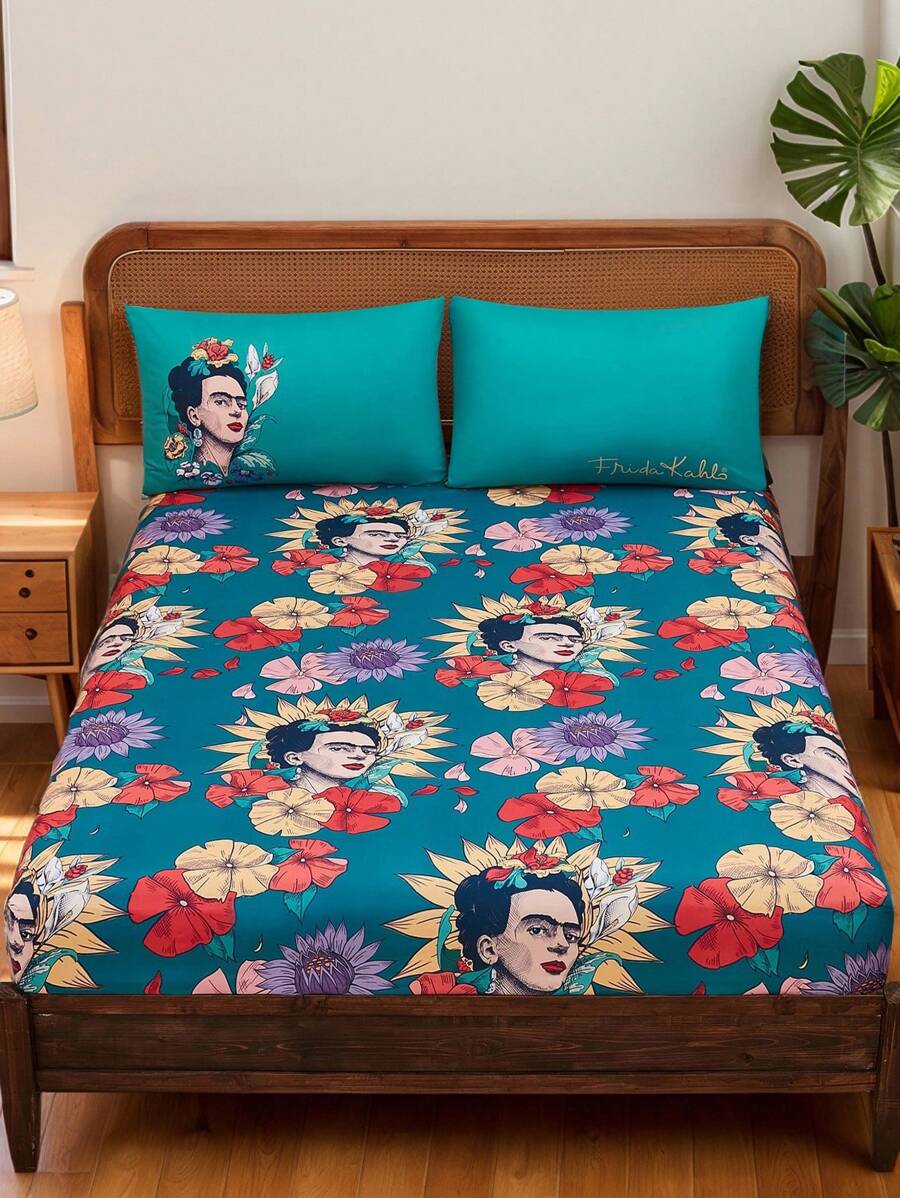 Frida Kahlo X SHEIN 1pc Floral Print &amp; Figure Graphic Brushed Fitted ...