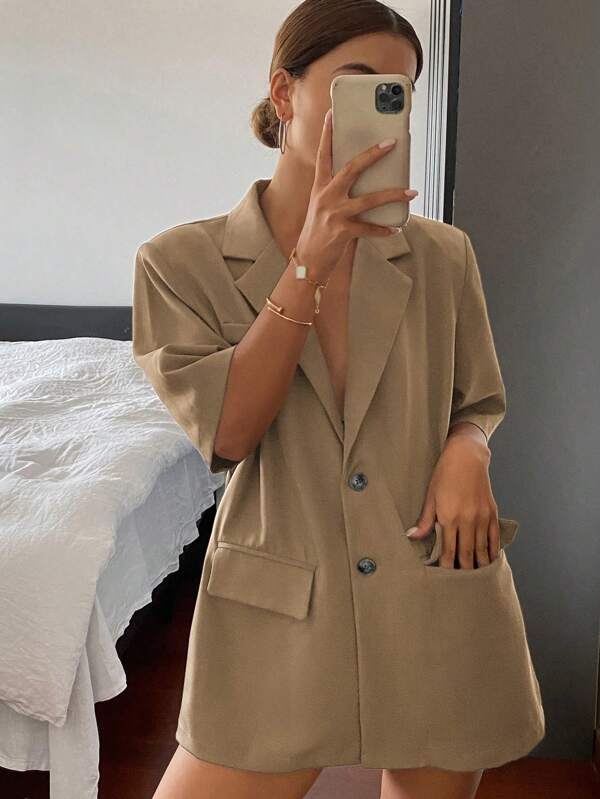 Livesso Short Sleeve Casual Women's Solid Color Front Button Pocket Blazer,Fall Women Clothes