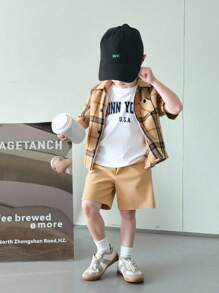 SHEIN 3pcs/Set Baby Boy Cute Summer Casual Plaid Short Sleeve Shirt, Elastic Waist Shorts, Letter Printed White T-Shirt Outfit - Multicolor - View 4