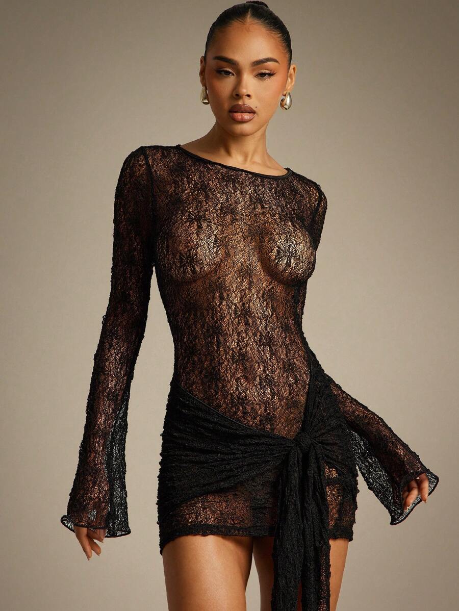 Hauture 女式白色蕾丝长袖迷你连衣裙，正面系带 - 黑色 - 查看 1