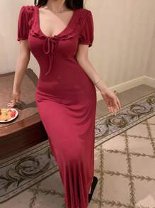 DAZY Plain Color Ruffled Deep Round Neck Waist Cinched Long Dress Home Wear For Women Red Women Dresses Pajama - Burgundy - View 7