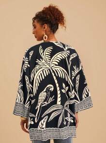 Travachic Woven Print Long Sleeve Loose Women's Kimono Style Cover Up Blouse,Summer,Beachwear,Spring And Summer,Easter,Holiday,Beach,Spring Break,Vacation Women,Concert,BOHO,Bohemia,Music Festival,4th Of July,Hot Seller,Tropical Vacation - Black - View 2