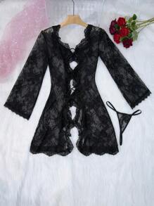 2件套女士性感蕾丝内衣套装，长袖，带领带