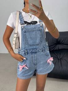 SHEIN 少女粉色蝴蝶结和蓝色牛仔连体衣，春夏休闲度假乡村波西米亚风装 - 淺色水洗藍 - 查看 4