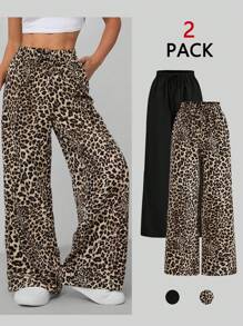 SHEIN EZwear 2pcs/Pack  Black Leopard Straight Leg Pants, Plus Size,Summer Pants,Comfortable,Going Out Outfits,Back To School - Multicolor - View 1